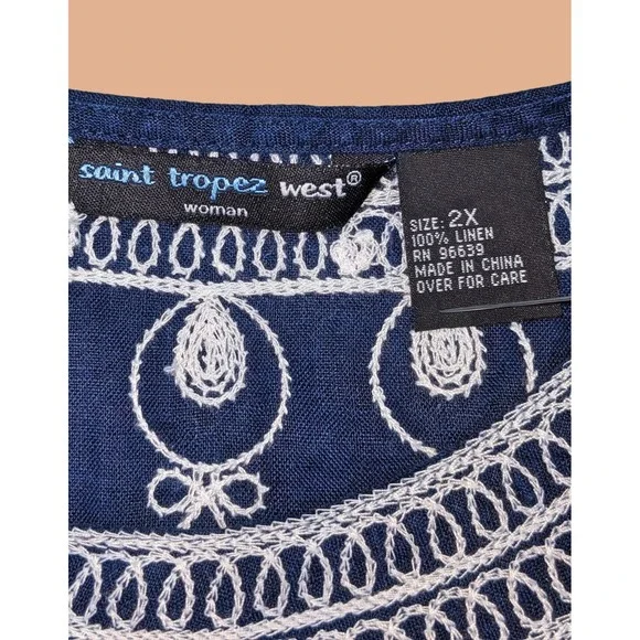 Saint Tropez West plus size 2X Navy blue Linen embroidered V neck Tunic - Picture 4 of 4